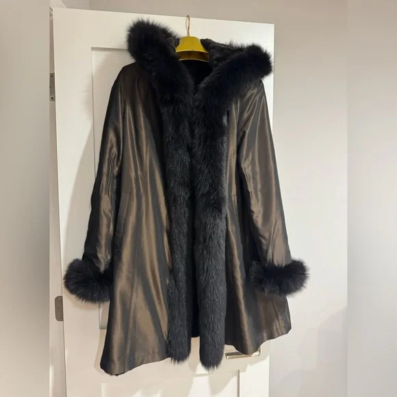 MACY’S FUR VAULT REVERSIBLE REAL MINK FOX COAT FUR SIZE L LARGE HOOD - Picture 9 of 16
